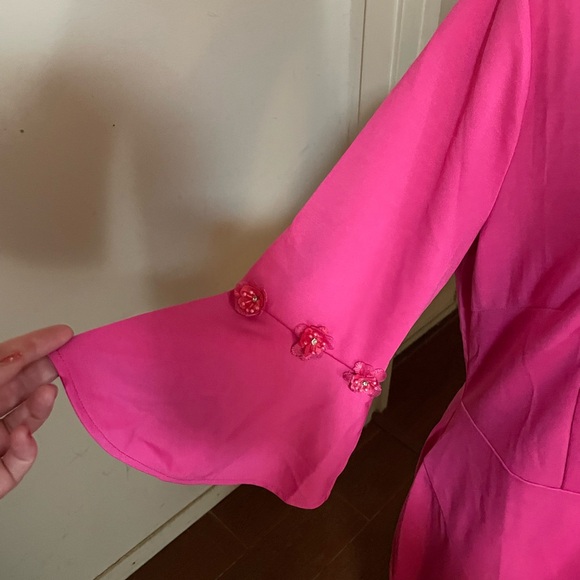 Misslook Pink Midi Dress Size knit spandex bell floral beaded sleeves size 14 - Picture 8 of 16